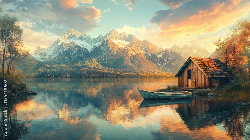 Fototapeta premium A picturesque boathouse nestled by a serene lake, with a small boat tied up and breathtaking mountain reflections