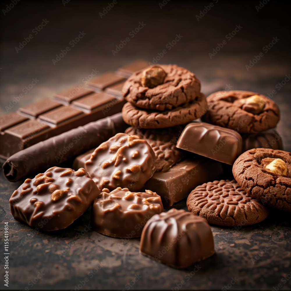 Assorted chocolate treats with cookies and bars on rustic background Assorted chocolate treats with cookies and bars on rustic background