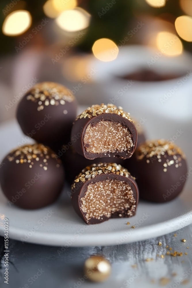 Delightful Chocolate Truffles Filled with Sweet Sugar Cookie Center, Topped with Golden Sprinkles on a Plate Surrounded by Bokeh Lights Delightful Chocolate Truffles Filled with Sweet Sugar Cookie Center, Topped with Golden Sprinkles on a Plate Surrounded by Bokeh Lights