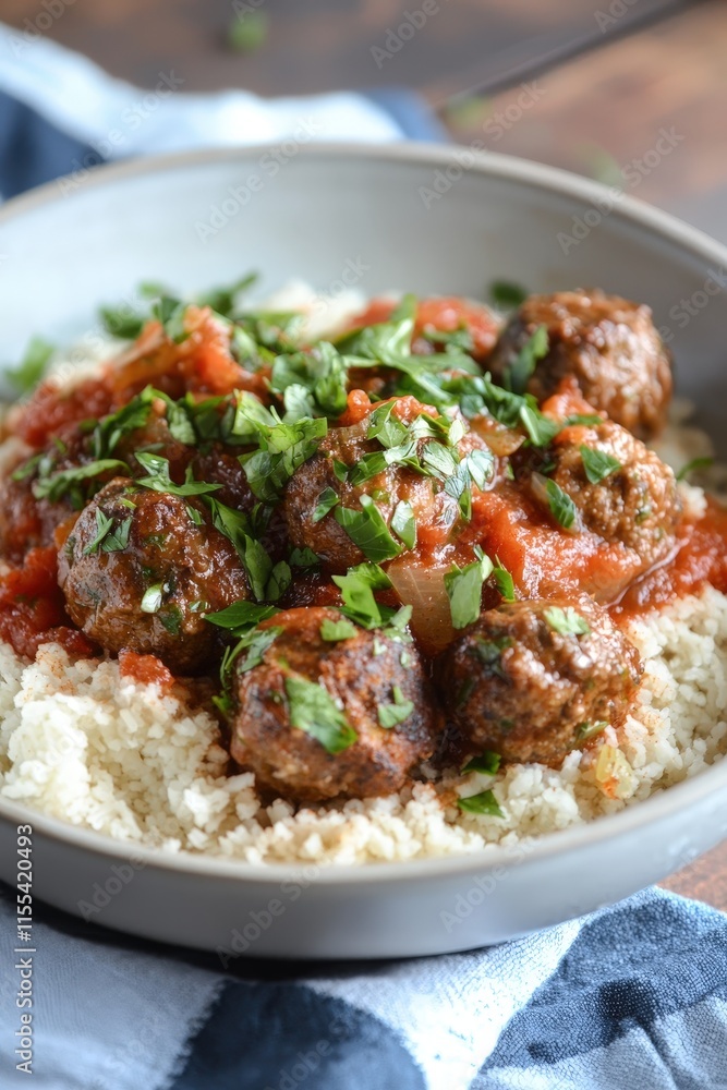 Delicious Sweet Chili Meatballs Served on a Bed of Fluffy Couscous with Fresh Herbs for an Irresistible Comfort Food Delight Delicious Sweet Chili Meatballs Served on a Bed of Fluffy Couscous with Fresh Herbs for an Irresistible Comfort Food Delight