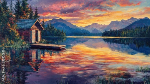 A quaint boathouse on a tranquil lake at sunrise, with vibrant colors and mountains reflected in the still waters photo