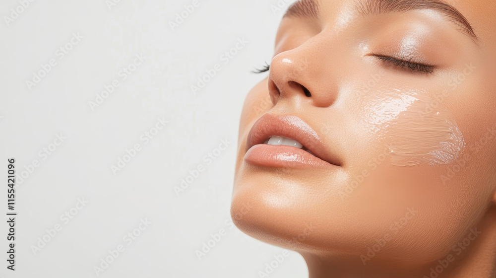 Smooth skin treatment with a beauty mask application on a woman's face for rejuvenation and hydration Smooth skin treatment with a beauty mask application on a woman's face for rejuvenation and hydration