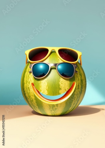 Smiling melon character, yellow sunglasses, teal background, minimalist, whimsical, playful fruit personification, summer vibes, studio lighting, high contrast, digital art, 3D render, quirky, cheerfu photo