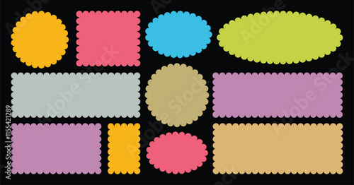 Zig zag edge circle, oval, rectangle, shape collection. Jagged rectangle. Isolated elements for design of text box, badge, banner.	