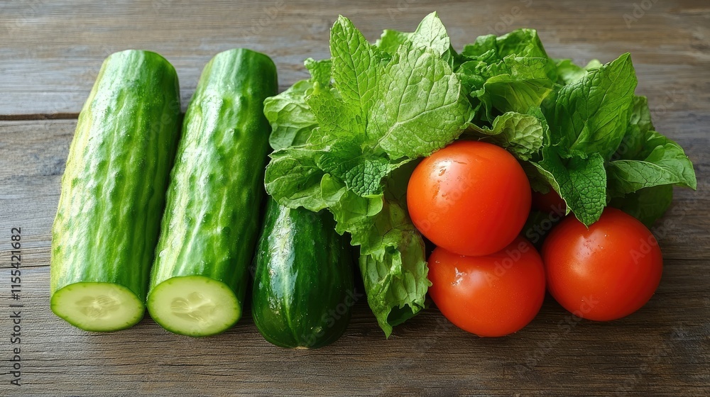 A refreshing salad of cucumbers, tomatoes, and lettuce with a sprig of mint on a wooden table A refreshing salad of cucumbers, tomatoes, and lettuce with a sprig of mint on a wooden table