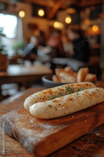 Delicious Bavarian White Sausage Served on Wooden Board in Cozy Cafe Setting with Soft Lighting and Blurry Background photo