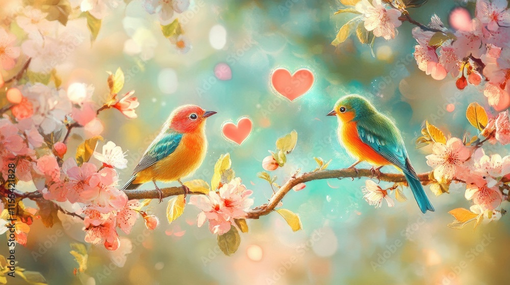 A romantic nature scene featuring two colorful birds and blossoms, framed by softly glowing hearts in the air A romantic nature scene featuring two colorful birds and blossoms, framed by softly glowing hearts in the air