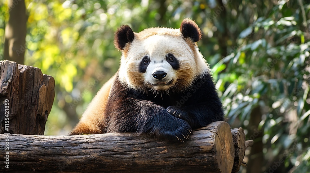 Obraz premium Adorable Giant Panda Resting on Wooden Log in Lush Bamboo Forest Habitat : Generative AI