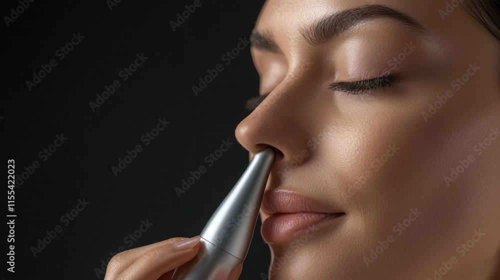 Fototapeta premium Close-up of a woman with a nose hair removal device.