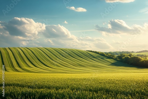 The rolling green fields extend under a partly cloudy sky, capturing a picturesque and peaceful rural scene that celebrates nature's simple yet profound beauty.