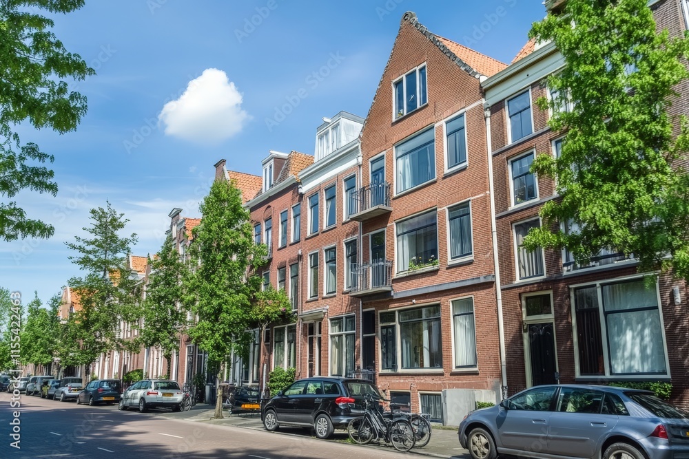 A charming Dutch street scene showcases rows of traditional brick houses lined with lush trees, capturing the essence of European architecture and serene living. A charming Dutch street scene showcases rows of traditional brick houses lined with lush trees, capturing the essence of European architecture and serene living.