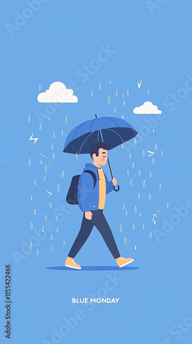 Blue Monday Concept with Office Worker Walking in Rain