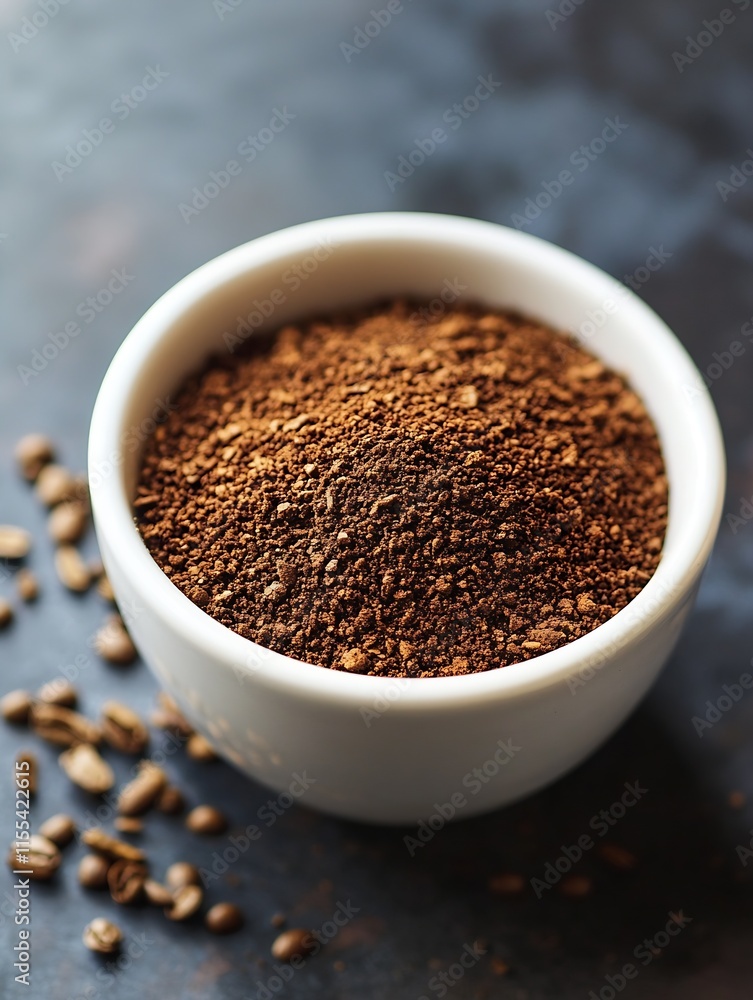 Ground Coffee In Ceramic Bowl Surrounded By Seeds On Dark Rustic Surface : Generative AI Ground Coffee In Ceramic Bowl Surrounded By Seeds On Dark Rustic Surface : Generative AI