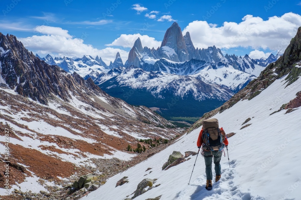 A lone hiker navigates a snowy trail with a majestic mountain range towering under a vibrant blue sky, symbolizing exploration, adventure, and the beauty of isolation. A lone hiker navigates a snowy trail with a majestic mountain range towering under a vibrant blue sky, symbolizing exploration, adventure, and the beauty of isolation.