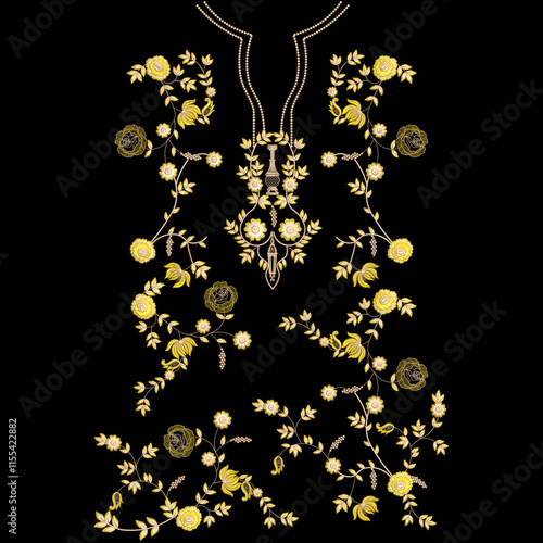 A over asian embroidery neckline and border lace design with floral motifs leafs leaves trendy mughal ornaments.