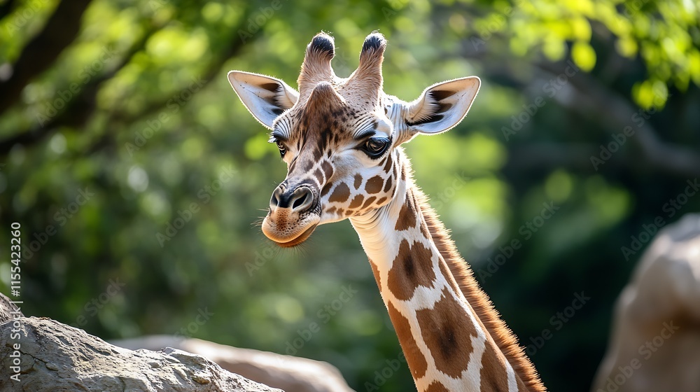 Fototapeta premium Graceful Young Giraffe in Sunlit Forest Capturing the Essence of African Wildlife and Elegance : Generative AI