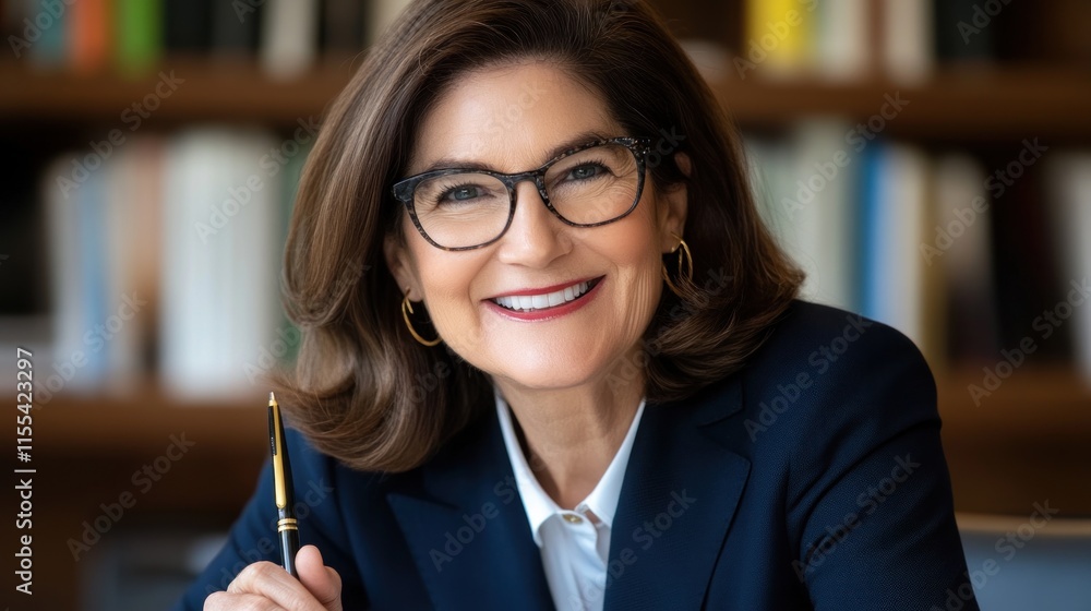 Smiling mature woman in business attire, wearing glasses, holding a pen, in a library setting. Smiling mature woman in business attire, wearing glasses, holding a pen, in a library setting.