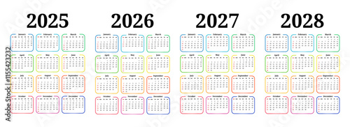 Set of calendars for 2025, 2026, 2027 and 2028 on a white background