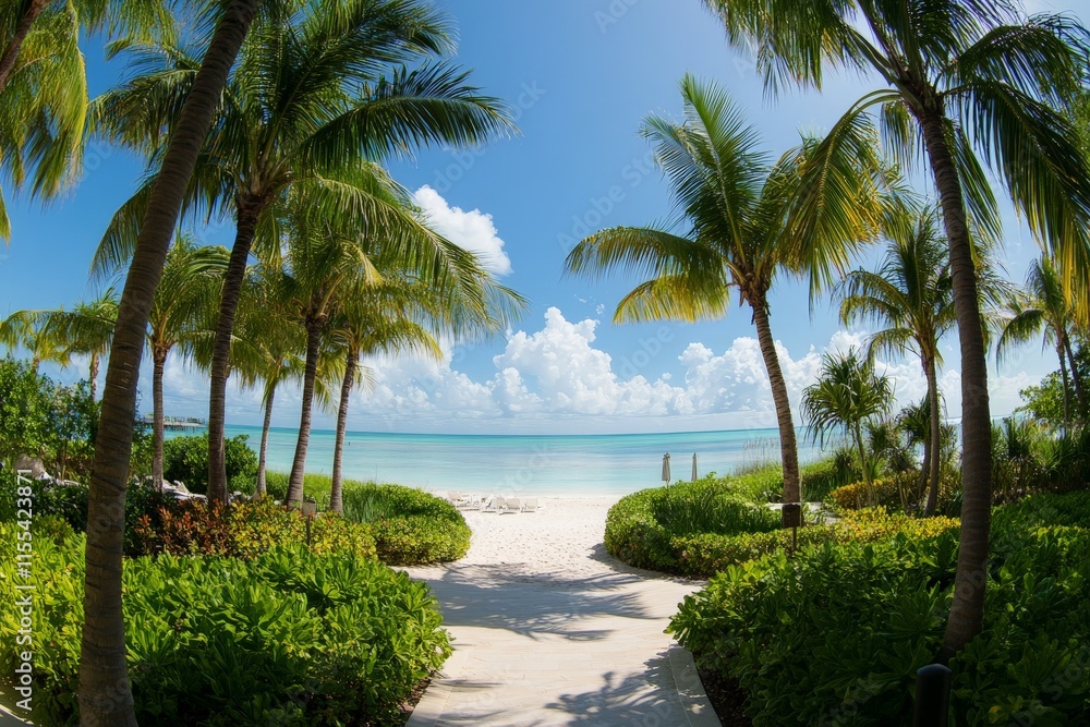 A stunning tropical beach view with clear blue skies and verdant palm trees lining a pristine white sandy path to the tranquil turquoise sea. A stunning tropical beach view with clear blue skies and verdant palm trees lining a pristine white sandy path to the tranquil turquoise sea.