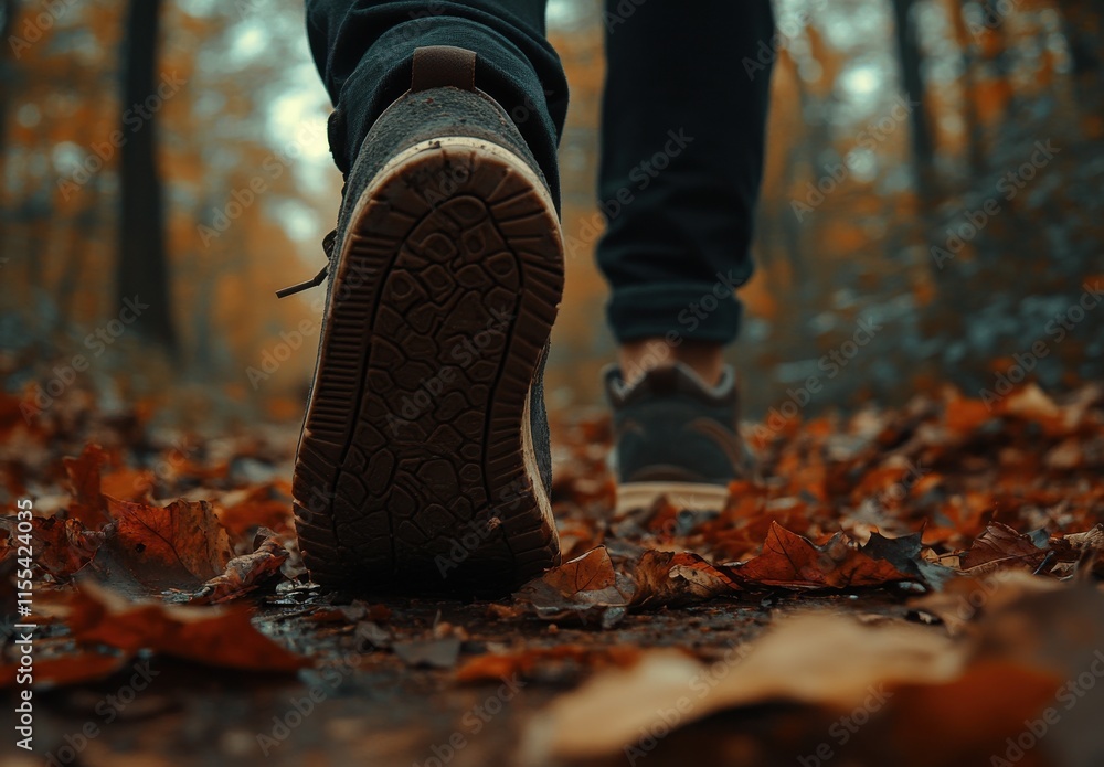 Footsteps on Autumn Trail: A Close-Up of a Person Walking Through a Leaf-Covered Path in a Lush Forest Surrounded by Vibrant Fall Foliage and Warm Colors Footsteps on Autumn Trail: A Close-Up of a Person Walking Through a Leaf-Covered Path in a Lush Forest Surrounded by Vibrant Fall Foliage and Warm Colors