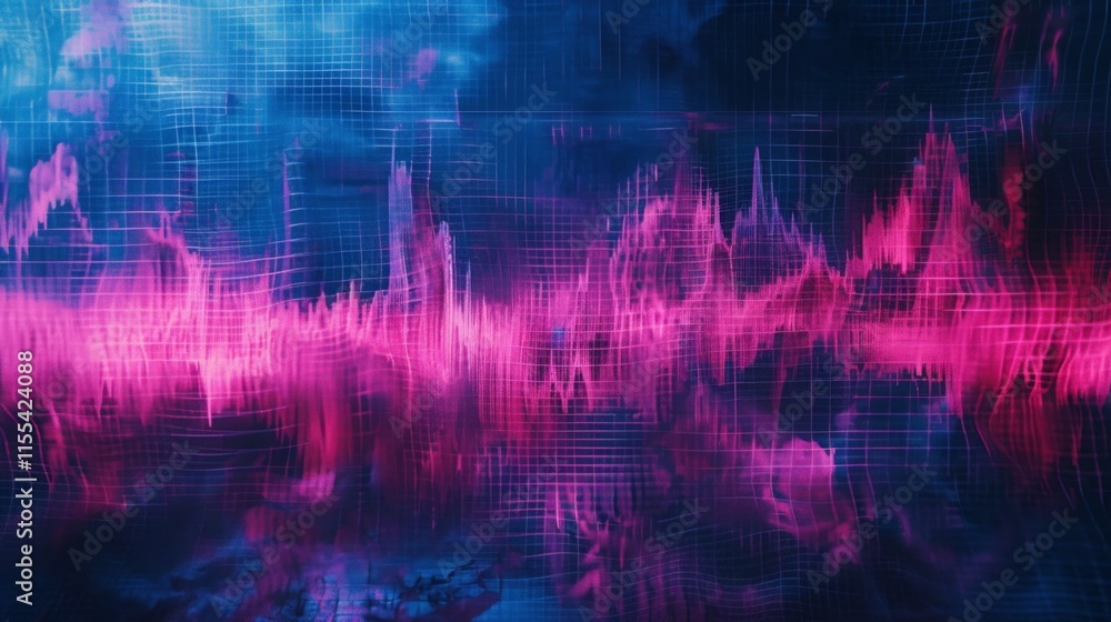 Fototapeta premium Vivid abstract representation of digital soundwave oscillations with intricate blue and pink grid-like textures, emphasizing futuristic design and technological inspiration.
