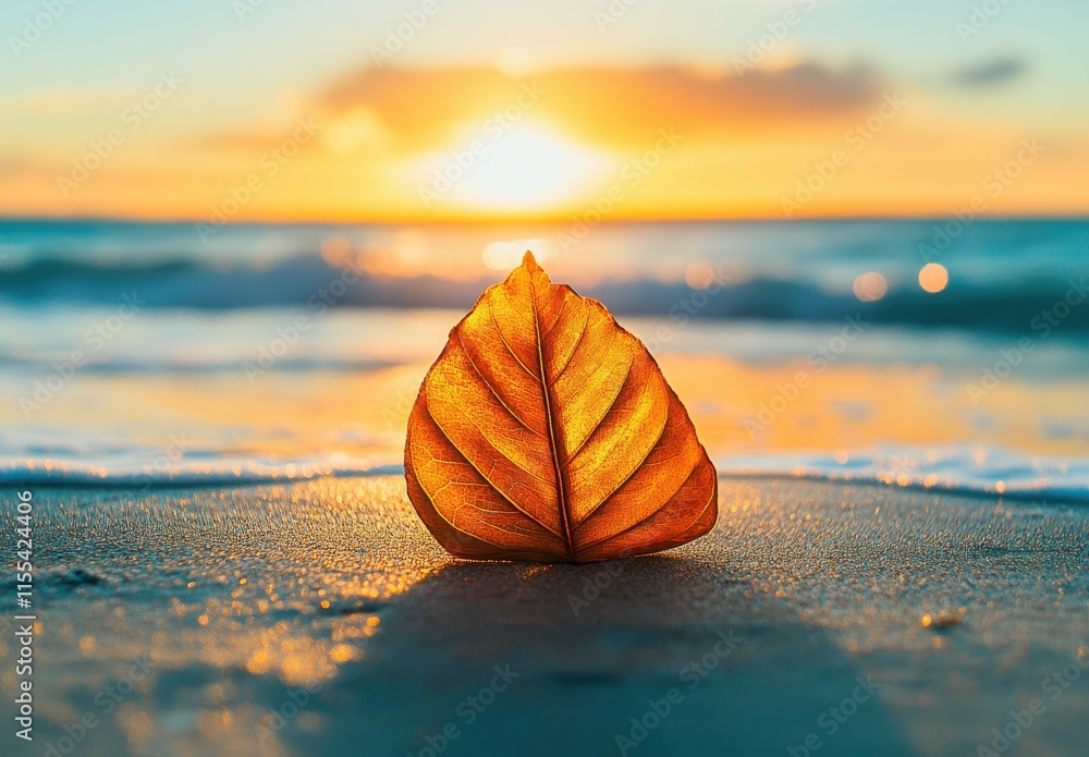 Golden Leaf on Shore at Sunset with Gentle Waves and Warm Light Creating a Serene Natural Atmosphere, Evoking Tranquility and Peaceful Reflection Golden Leaf on Shore at Sunset with Gentle Waves and Warm Light Creating a Serene Natural Atmosphere, Evoking Tranquility and Peaceful Reflection