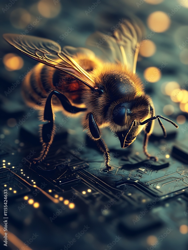 Cybernetic Bee on Microchip Circuit Board with Glowing Lights : Generative AI Cybernetic Bee on Microchip Circuit Board with Glowing Lights : Generative AI
