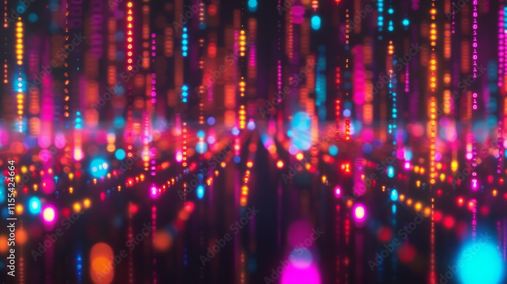 Obraz premium Abstract colorful binary code display with vertical glowing blocks in vibrant red, orange, pink, and blue hues, symbolizing futuristic technology and digital innovation.