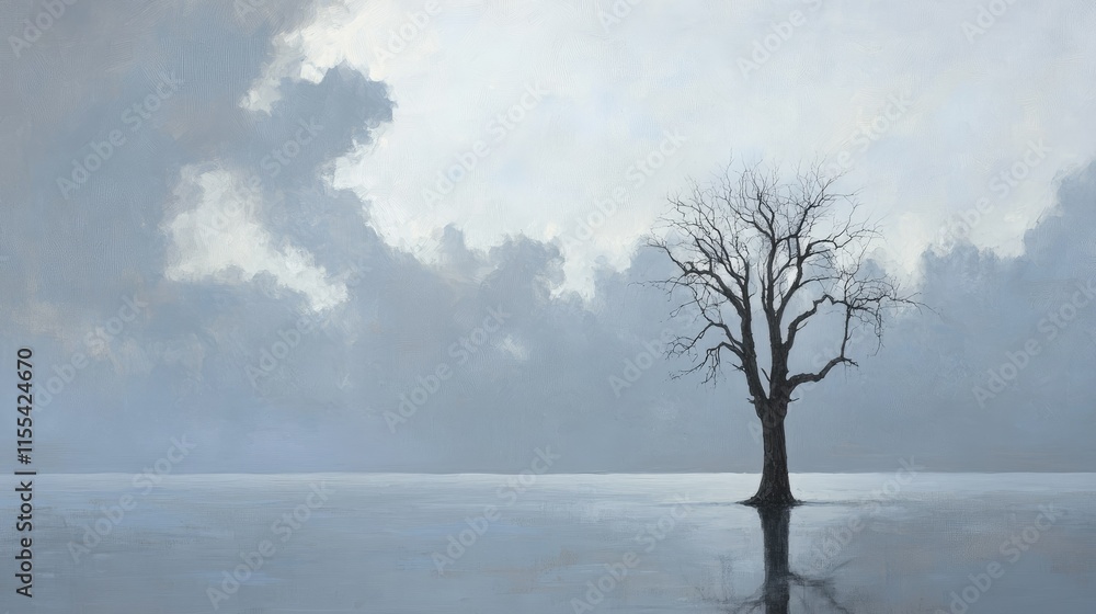 A silhouette of a leafless tree standing still under a vast cloudy sky during a calm winter day A silhouette of a leafless tree standing still under a vast cloudy sky during a calm winter day