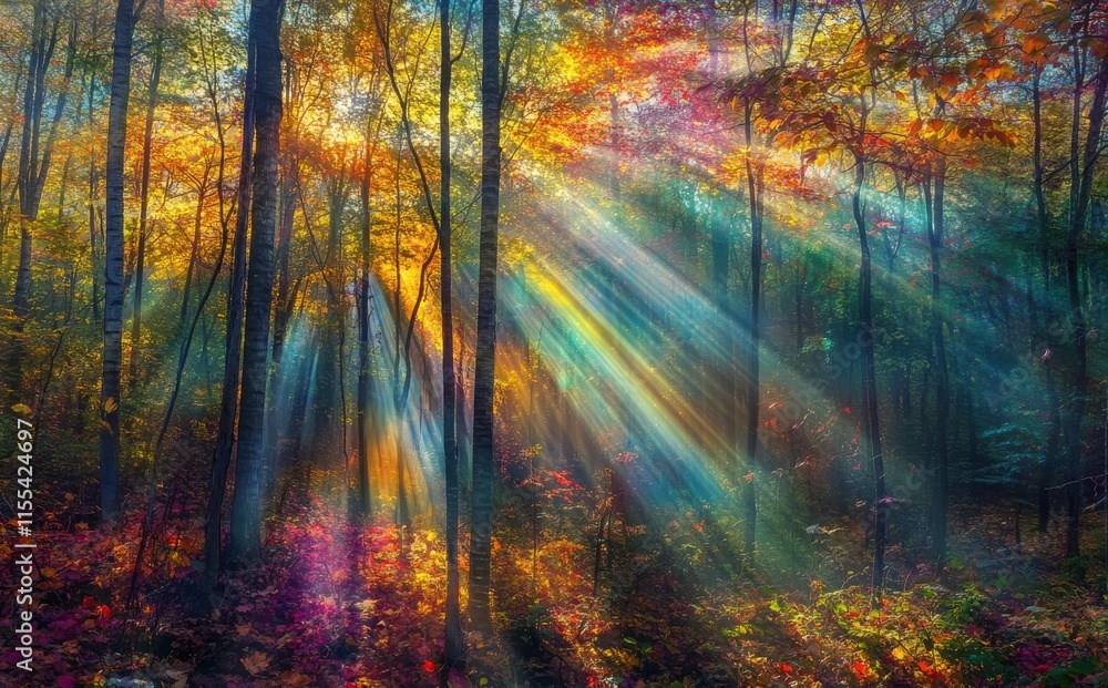 Golden Sun Rays Illuminate Autumn Forest With Vibrant Leaves and Tranquil Atmosphere, Creating a Magical Scene of Nature's Beauty and Peaceful Serenity Golden Sun Rays Illuminate Autumn Forest With Vibrant Leaves and Tranquil Atmosphere, Creating a Magical Scene of Nature's Beauty and Peaceful Serenity