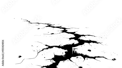 Deep cracks on dry ground surface. Black lines cracked ground for abstract background. Broken and damaged surface. Vector texture with many cracks and scratches.