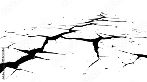 Deep black cracks on dry ground surface. Cracked lines on white damaged surface. Vector texture with many cracks and scratches for poster, cover or mockup.