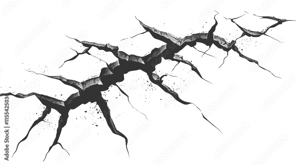 Obraz premium Deep cracks on dry ground surface. Black lines cracked ground for abstract background. Broken and damaged surface. Vector texture with many cracks and scratches.