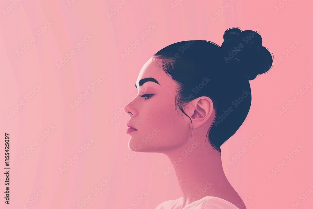 Profile of young asian female in pink artistic portrait Profile of young asian female in pink artistic portrait