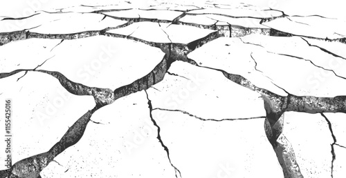 Cracked ground surface. Deep dark cracks on white background. Drought, aridity and impact of climate change on environment. Vector texture with many cracks and scratches.