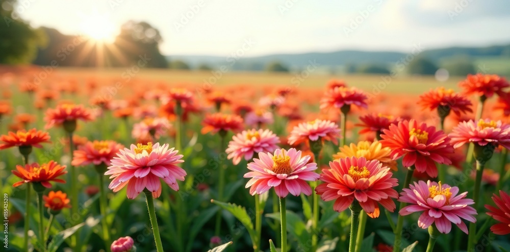 A field of chrysanthemums with a distant landscape, light, flowers