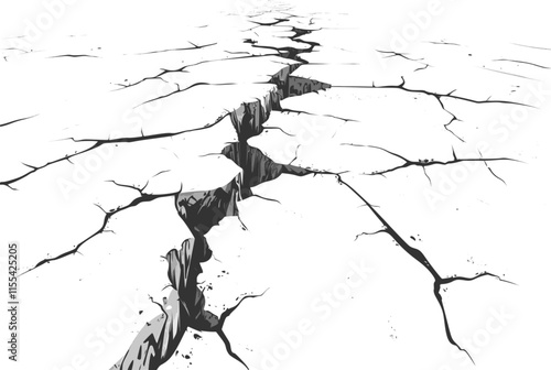 Deep cracks on dry ground surface. Black lines cracked ground for abstract background. Broken and damaged surface. Vector texture with many cracks and scratches.