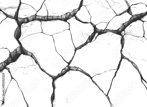 Cracked ground surface. Deep black cracks on white background. Drought, aridity and impact of climate change on environment. Vector texture with many cracks and scratches.