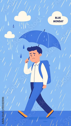 Rainy Day with Sad Office Worker Depicting Blue Monday