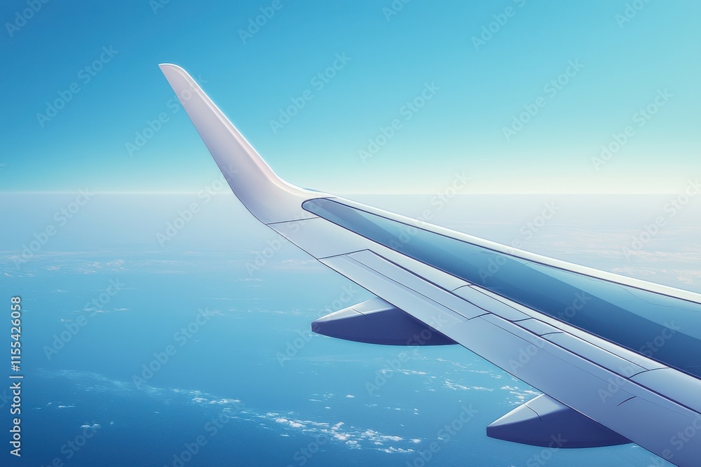 Fototapeta premium Wing of airplane flying high above endless blue ocean