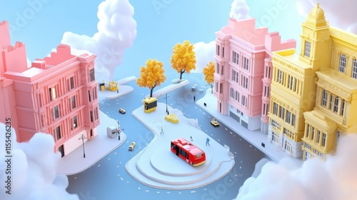Urban transportation scene featuring colorful buildings city intersection 3d art cloudy environment aerial view creative concept