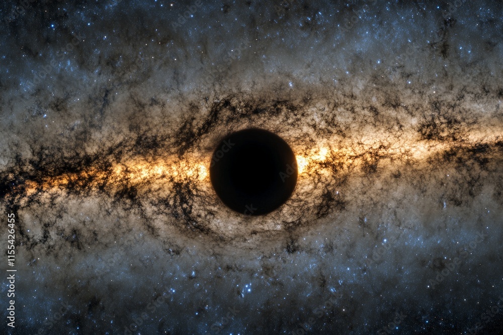 Naklejka premium In the center of a celestial scene, a dark orb dominates the foreground, framed by a wide band of light and the twinkling of innumerable distant stars beyond.