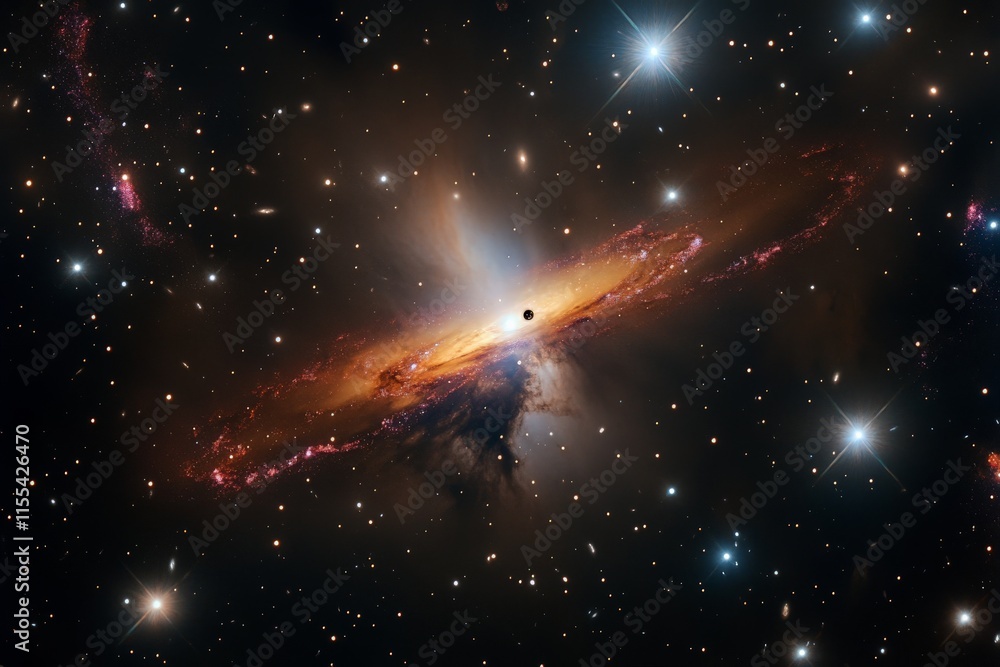 A mesmerizing scene where a colorful nebula engulfs a central black hole, creating a breathtaking bright halo and scattering stars further into the darkness. A mesmerizing scene where a colorful nebula engulfs a central black hole, creating a breathtaking bright halo and scattering stars further into the darkness.