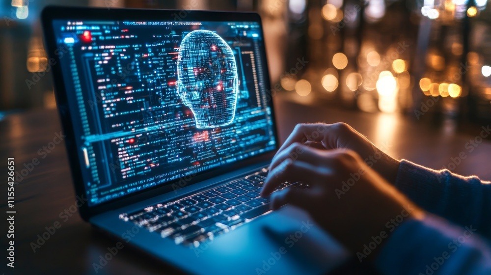 Fototapeta premium Exploration of artificial intelligence through a modern laptop interface at night