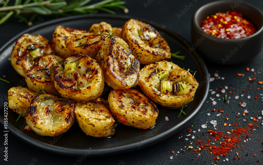 Image of fried dumplings on a black plate. On a dark gray background with scattered rosemary and pink sea salt, Image of fried dumplings on a black plate. On a dark gray background with scattered rosemary and pink sea salt,