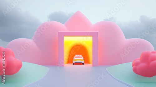 Car driving through colorful portal in dreamy landscape digital art surreal environment artistic view
