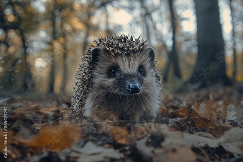 A cute hedgehog nestles among the rich, golden leaves of an autumn forest, capturing the serene beauty and tranquility of a crisp, peaceful fall day. photo