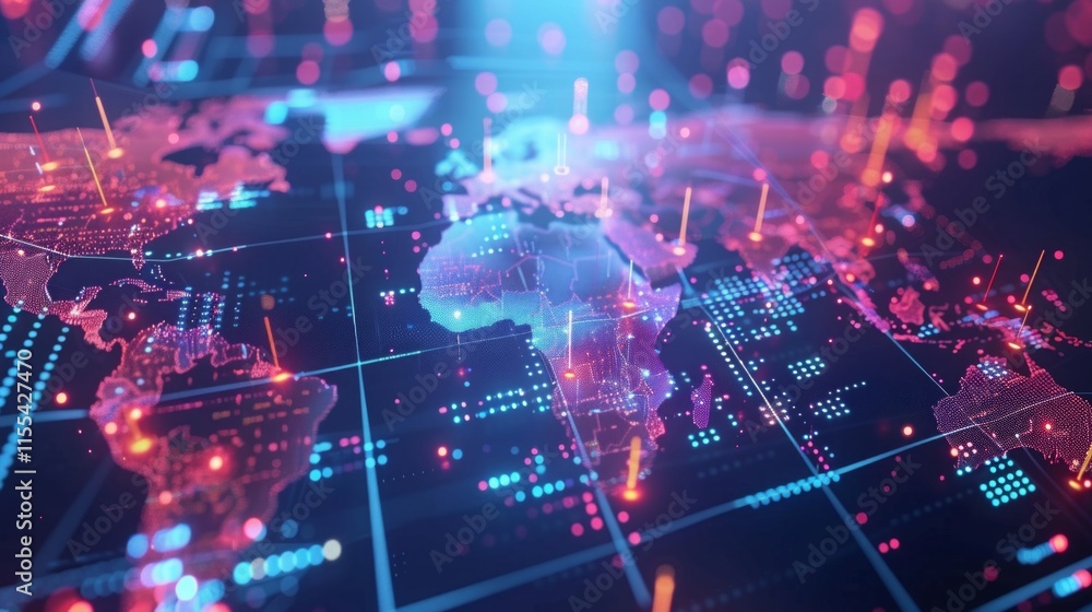 Digital world map with blue and red glowing points, representing advanced technology and global connectivity in a futuristic network design. Digital world map with blue and red glowing points, representing advanced technology and global connectivity in a futuristic network design.