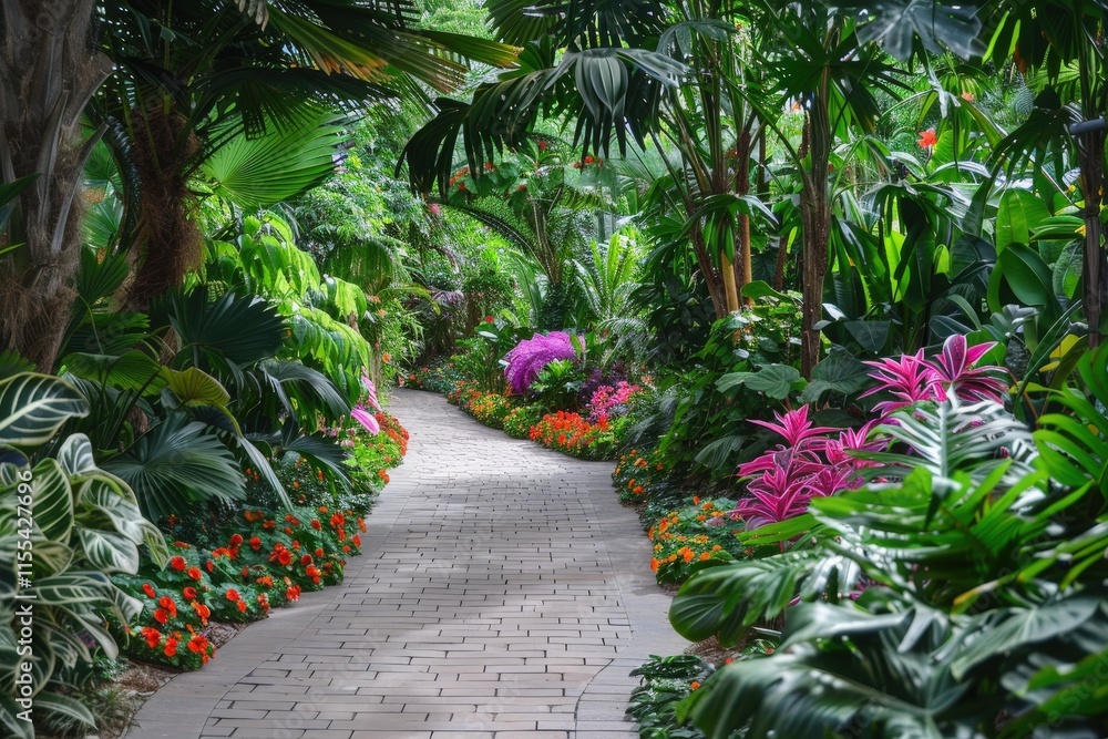 Explore a vibrant garden path surrounded by lush plants and colorful flowers in a tropical setting amid sunshine and tranquility Explore a vibrant garden path surrounded by lush plants and colorful flowers in a tropical setting amid sunshine and tranquility