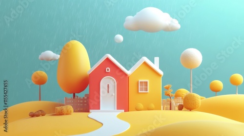 Colorful house in a vibrant landscape 3d animation playful environment whimsical viewpoint artistic concept